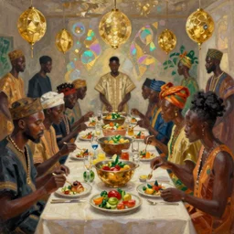 dark skinned people eating at a regal buffet ultra detailed beautiful setting elegant event nigerian party minimalist gold ornaments iridescent lighting glamour in the style of edward hooper and henri matisse oil painting