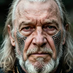 hyper realistic and detailed closeup vintage photo of a wrinkled old norseman with celtic tattoos on his face by annie leibovitz