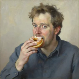 An impressionist oil painting of Carl Bildt eating a doughnut