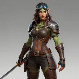gender : female, race : orc, job : bounty hunter, weapon : katana, clothes : leather armor, accessories : goggles, body type : strong hair style : wavy, concept art, trending on artstation 3 d.