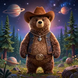 psychedelic, trippy, bear cowboy, pine forest, planets, milky way, cartoon by rob gonsalves