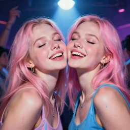 portrait of two beautiful girls ecstatic raving, night club, techno, rave, eyes closed, intimate, pastel pink and blue colors, beautiful face, rule of thirds, spotlight, drips of paint, expressive, passionate, by greg rutkowski, by jeremy mann, by francoise nielly, by van gogh, digital painting