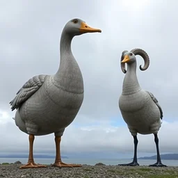 duck duck goose giant statue standing pose by dieter rams at cloudy shore