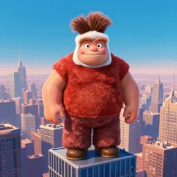 portrait John Goodman Carl Fredricksen wearing a wreck-it ralph costume head eyes with yoked burly physique stands atop a skyscraper norman rockwell brad rigney winslow homer greg rutkowski stop-motion dreamworks pixar