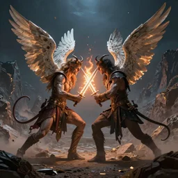 Angels and demons fighting one another, in the Valley of Megiddo, with mountains surrounding, at night, swords of fire, epic, fantasy, artstation, 8k