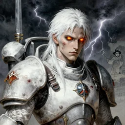 portrait of gothic and futuristic young man, warhammer, a lot of scars, thunderstorm, white head, fire eyes, the middle ages, highly detailed, artstation, in the style of moebius, jugendstil and classic japanese print, art by bradley and jean delville