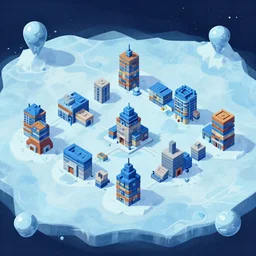 isometric view of a small colony with the buildings made from modular blocks, on an icy alien planet, from a point and click 2 d graphic adventure game, art by thomas kinkade