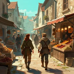 two fantasy adventurers, busy market street, medieval city, very crowded, spice shop, royo, greg rutkowski, digital art, cinematic, teal orange color palette