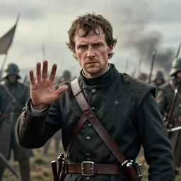 a portait photo of Thomas Shelby in a battlefield, epic image, path tracing, complementary colours, high quality, 4k HDR, dramatic lighting, cinematic, highly detailed, high coherence, dedined face, anatomically correct, five fingers, war