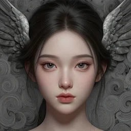 closeup portrait perfectly detailed of a beautiful mysterious girl, wings head, cute eyes, swirly intricate linework background by stanley artgerm lau, smooth, digital painting, by greg rutkowski and james jean, zbrush, trending on artstation, unreal engine 5