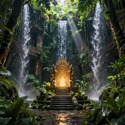 Detailed Interior of the Tropical Jungle Monastery Ruins, Waterfall walls, lush vegtation, light shafts, the glowing throne, stunning atmosphere, in Style of Peter Mohrbacher, cinematic lighting