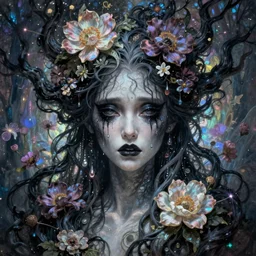 a beautiful terrifying female monster portrait black eyes twisted trees, crying tears, bloom made of flowers. ethereal horror fantasy art by greg rutkowski and raymond swanland and monet concept art by ryohei hase, cgsociety, process art, rococo, bioluminescence, biomorphic