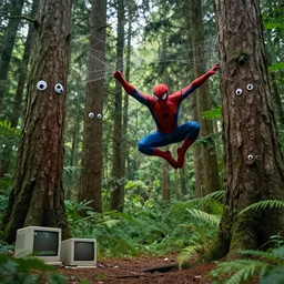 spider man flying in air sticked to a web out of his hand to a tree in a green jungle with large pine trees, pine trees have cute eyes, there are left old computers on the ground