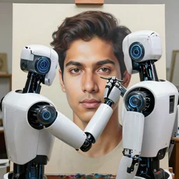 robot artist painting a self - portrait on a canvas. intricate, highly detailed, photorealistic, film still, by sachin teng.