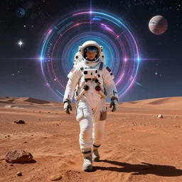 [ athletic astronaut woman ]! walking with swag toward the [ camera on mars in a realm of infinite universes ]!, wide - angle shot!, synthwave! art style, digital art, cgsociety contest winner, trending on [ artstation ]!, 4 k, intricate, award winning, [ symmetrical ]!