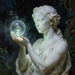 a neoclassicist close - up portrait of an alien marble statue posing holding glowing bubbles in a garden at night. reflective textures. glowing fog. highly detailed fantasy science fiction painting by moebius, norman rockwell, frank frazetta, and syd mead. rich colors, high contrast, gloomy atmosphere, dark background. artstation