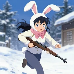 portrait of anime bunny girl senpai wearing bunny costume with rifle in hands running winter by greg rutkowski, key visual, kyoto animation, makoto shinkai, studio ghibli pixiv, sharp, detailed, high quality, award winning trending on artstation super detailed face sparkling eyes fingers