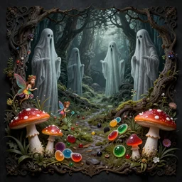 asset sheet, medieval folklore ghosts, fairies and toadstools shiny fruit candy coated prizes, material study