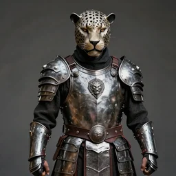 portrait photograph of a real-life warrior with metal jaguar armour.  Extremely detailed. 8k
