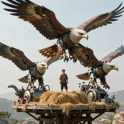 an intricate concept illustration, fantasy, asian farmer on a platform, haystack, mechanical large eagle biomes, megafauna, ultra photorealistic, ultra sharp, artstation, cgsociety, masterpiece, by wlop, octane render, cinematic lighting, 8 k