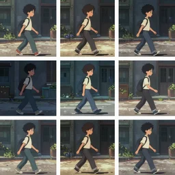 A collection of animation frames in one image for a walking teenager, realism, street as a background