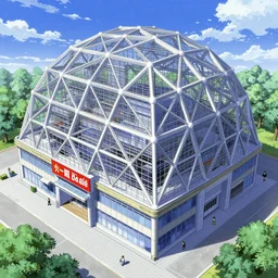 mall, truss building, scaffolding building, geodesic building, cel - shading, 2 0 0 1 anime, flcl, jet set radio future, the world ends with you, sunshine, cel - shaded, strong shadows, vivid hues, y 2 k aesthetic, art by artgerm