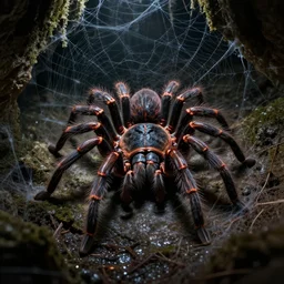 giant tarantula attacking humans in cave. cave covered in spider webs, dark fantasy, liminal space, dark paradise, digital art, 4 k