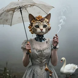 photographic portrait of sad max ernst woman cat head robotic dried melting floral fungus with spiraling cigarette smoke, wearing a dress, holding an umbrella and a swan, in fog, editorial