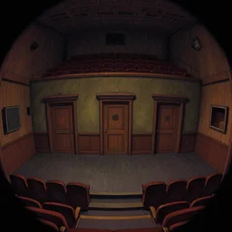 a dimly lit, theater hall, 3 doors, 1 staircase, day of the tentacle style, drawn by Peter Chan, fish eye