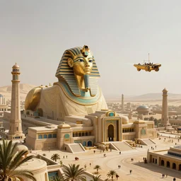a scene of a beautiful intricate epic futuristic pharaoh city with a cyber sphynx and hovering chariots taken from a distance, minimalist, cinematic lighting