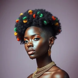 fashion photography of high flat - top afro hairstyle, adorned with rainbows.