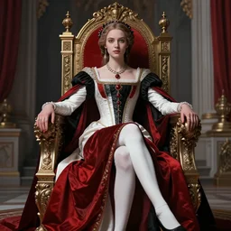 masterpiece concept art, a beautiful highly detailed sci - fi renaissance lady sit on the throne in palace, confident pose, by peter mohrbacher and jae lee, 8 k, intricate detail, cinematic lighting, red white and black colors