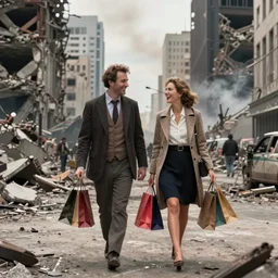 modern city destroyed by war in ruins with rich famous couple walking around with shopping bags laughing, color photograph very high detail