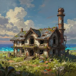 a beautiful detailed painting of architecture home exterior industrial architecture abandoned by noah bradley, elysian azeroth extraterrestial magic realism at summer biopunk meadow universe tron thermal imaging sea at dusk assassin's creed, archdaily, wallpaper, highly detailed, trending on artstation.