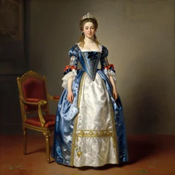 full body portrait of a young german princess standing by a chair by Franz Xaver Winterhalter and Andreas Herman Hunæus painted in the 1860s, romanticism, vivid, fancy, beautiful, rococo, coherent
