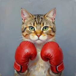 palette knife oil painting of a cat wearing a boxing gloves