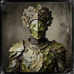 old tintype portrait of a realistic armour made of leaves, no face, dramatic light, dystopian environment, intricate, elegant, highly detailed, centered headdress, artstation, concept art, sharp focus, artgerm, tomasz alen kopera, peter mohrbacher, donato giancola, joseph christian leyendecker, wlop, boris vallejo, frank frazetta