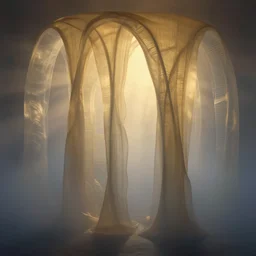 7 0 mm photograph of anticrepuscular rays and mesoglea - translucent layers ambiently occluding and striating, forming a detailed sculptural recreation of the arches from roger dean's paintings, emerging from the mist, dramatic lighting, golden hour, cinematic colloid atmospheric volumetrics, 8 k