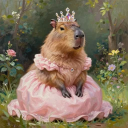 princess capybara wearing a light pink dress and a crystal crown in a beautiful garden, highly detailed oil painting