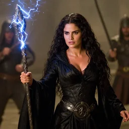 epic photo of salma hayek as beautiful medieval sorceress with very long black hair wearing a black satin robe and metal belt, battle scene, holding her wizard staff electricity emanating from it, sweaty, in the film ladyhawke 1 9 8 5, movie still, cinematography by david fincher