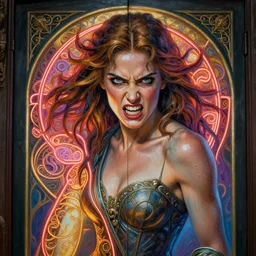 furious gorgeous woman painted on a door, lord of the rings ,neon, fibonacci, sweaty, insane, intricate, highly detailed, digital painting, artstation, concept art, smooth, sharp focus, illustration, Unreal Engine 5, 8K, art by artgerm and greg rutkowski and alphonse mucha