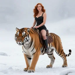 muscled Christina Hendricks riding mounted on a fierce large saber tooth tiger, snowy winter scene, Donato Giancola, Mark Brooks, Ralph Horsley, Charlie Bowater, Artgerm, Christopher Balaskas, Bastien Lecouffe-Deharme
