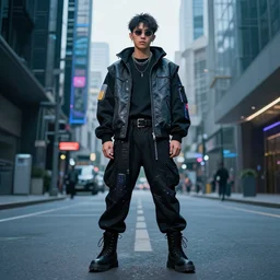 a cyberpunk cholo wearing futuristic urban clothing full shot photographic portrait