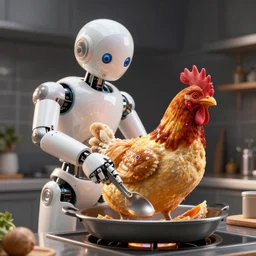 a robot chicken cooking chicken, digital Art, Maxwell Renderer