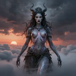 biblical hell beautiful female witch android, shiva, storm, glowing veins, in clouds, sunset, portrait by wayne barlowe, by peter elson, muted colors, by frank frazetta, extreme detail, reflections, trending on artstation, 8 k