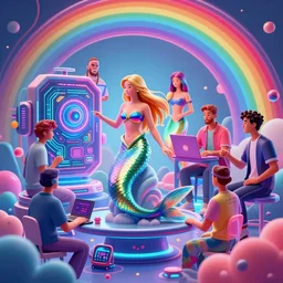 cyberpunk mermaid working with super computer by william barlowe and pascal blanche and tom bagshaw and elsa beskow and enki bilal and franklin booth, neon rainbow vivid colors smooth, liquid, curves, very fine high detail 3 5 mm lens photo 8 k resolution