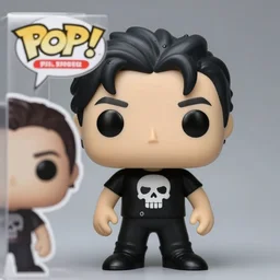 a funko pop of nico di angelo, a son of hades wearing a black skull shirt from pjo