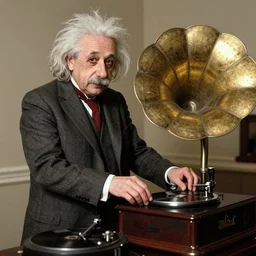 photo of Albert Einstein DJing a phonograph, vintage
