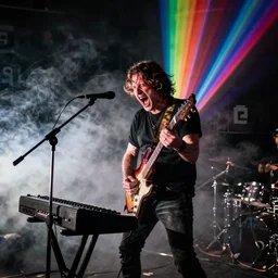 Trent Reznor screaming and smashing a guitar on a synthesizer, smoke, colored projections, ultrafine detail, high contrast, projections, associated press photo, masterpiece