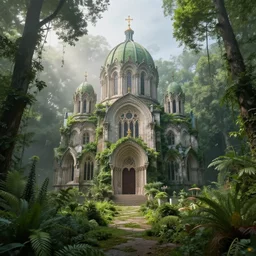 a byzantine revival satanic cathedral in a lush dense verdant garden by jacek yerka and tim doyle and victo ngai and dan mumford, mist, hyperrealism, volumetric lighting, god rays, highly detailed, sfumato, overgrown